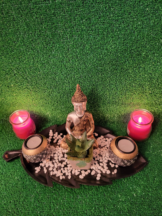 Juego de Buda con plato de hoja, figura decorativa con piedras decorativas para meditación